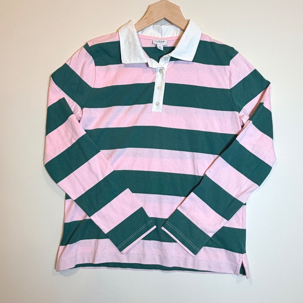 J.Crew Womens Polo Long Sleeve Rugby Shirt Pink Green Striped XS NEW